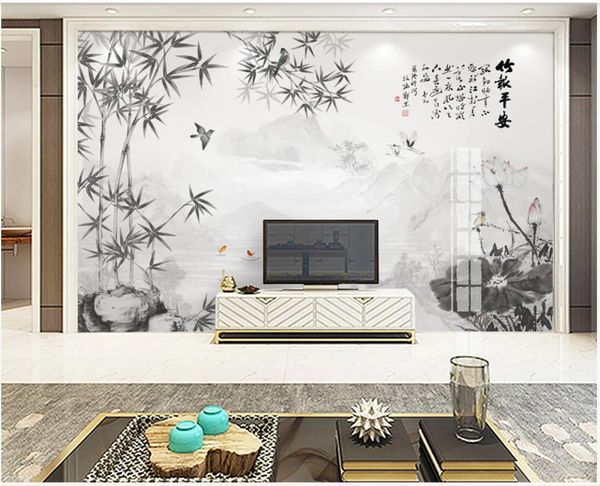 

custom p wallpaper for walls 3d murals wallpapers hand-painted bamboo ink lotus new chinese tv background wall papers home decoration