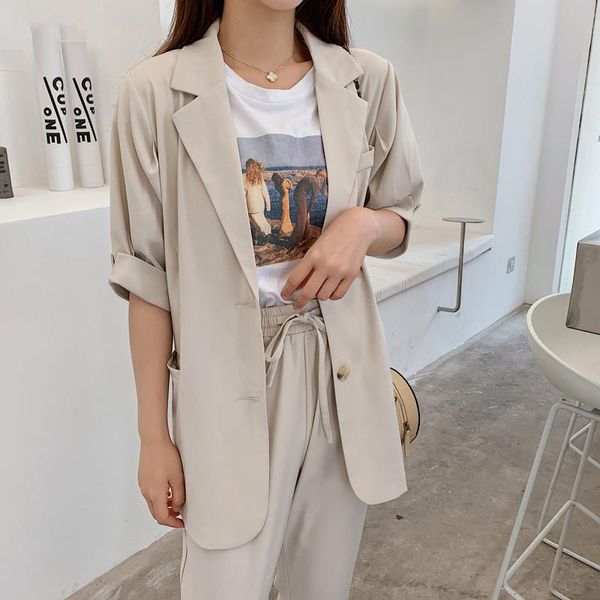 

summer women pant suits short sleeve jacket & elastic waist pant 2020 female blazer set casual 2 pieces set femme, White