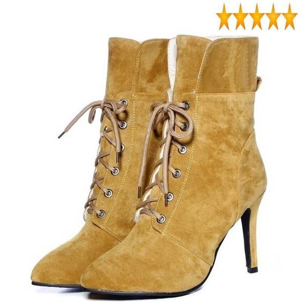 

super fashion toe winter pointed high thin heels ankle boots womens autumn faux suede lace up chaussures femme dress shoes red1, Black