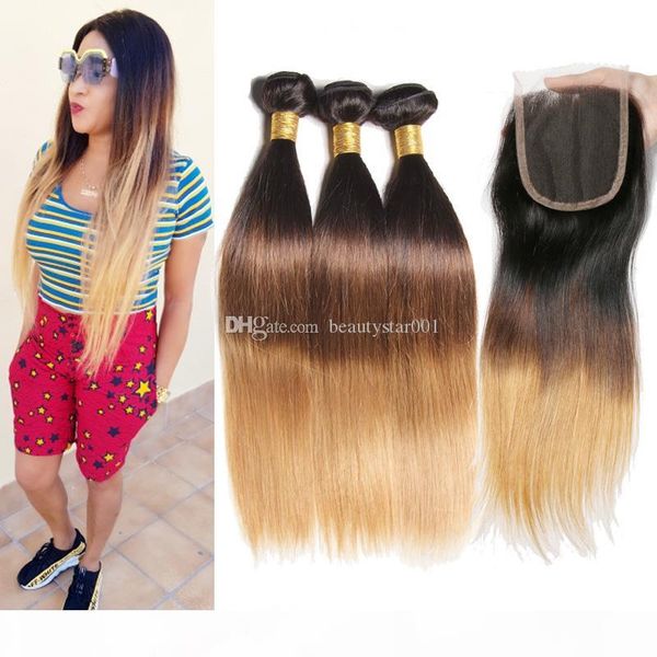 

ombre brazilian straight hair bundles with closure 3 bundles blonde human hair weave with 4x4 middle three part lace closure 1b 4 27 30, Black;brown
