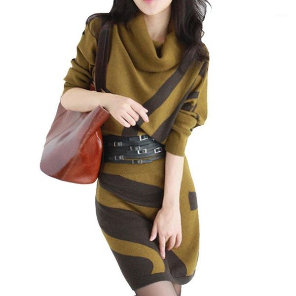 

2019 autumn winter new women dresses bat sleeve knit pullover sweater dress turtleneck slim lady package hip dresses send belt1, Black;gray