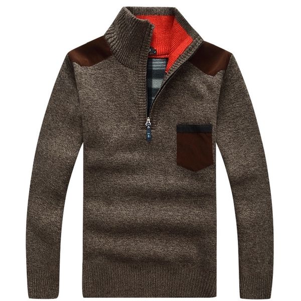 

new winter mens pullover knitted sweater male wool fleece thick casual pullover patchwork warm pocket sweater standing collar 201104, White;black
