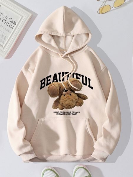 

bear & slogan graphic drawstring thermal lined hoodie u4cs#, White;black