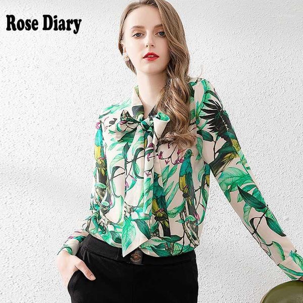 

rosediary elegant bow collar aesthetic casual blouses green floral women lady office work blusas casual femme shirt moda verano1, White