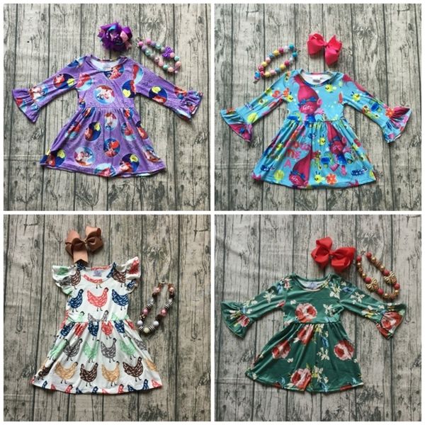 

new spring troll chick yard floral princes milk silk dress baby girls boutique children clothes long sleeve match bow & necklace y200325, White