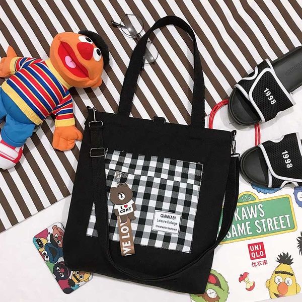 

plaid woman reusable canvas cloth totes black pink middle size women shopping bag summer lightweight backpack girls lattice bags 201014