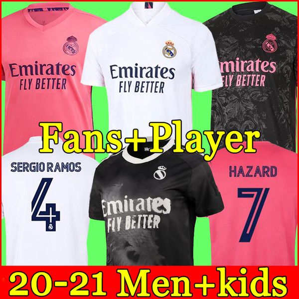 

real madrid jerseys 20 21 soccer football shirt hazard sergio ramos benzema asensio camiseta men + kids kit 2020 2021 fourth 4th humanrace, Black;yellow