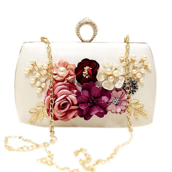 

luxury handmade flowers evening bags brand dinner clutch purse with chain flower banquet bags(white