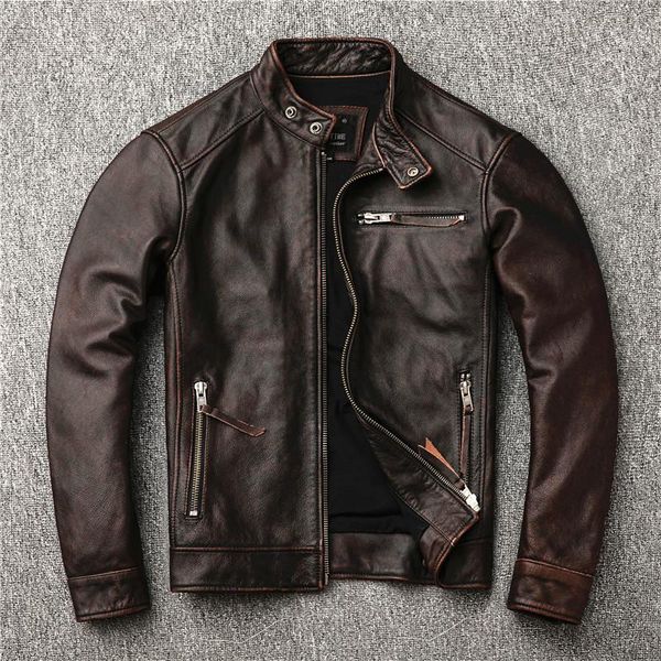 

men's leather & faux .classic motor style,vintage genuine jacket,fashion men brown coat,street biker coat,sales, Black
