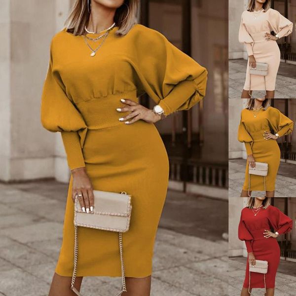 

dress for women evening party dress long puff sleeve high waist bodycon women elegant solid color knee-length, Black;gray