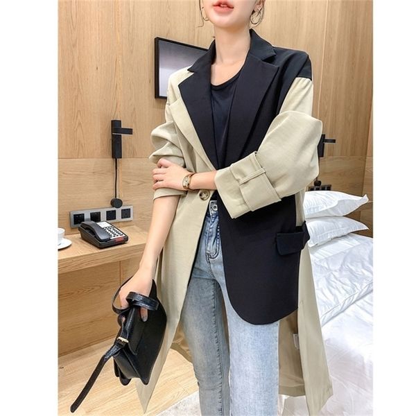 

lanmrem can ship autumn fashion new design suit patchwork hit color windbreaker for women loose long coat overknee yh980 201225, Tan;black