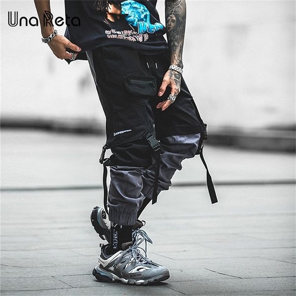 

una reta man new fashion streetwear stitching color joggers hip hop long elastic waist cargo pants men 201222, Black