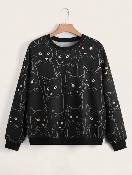 

plus cat print drop shoulder pullover n2le#, Black