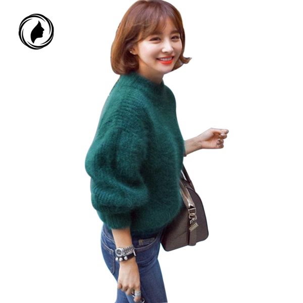 

women pullover lantern sleeve thick oversize pull solid green sweater autumn winter female causal knitted sweater s118, White;black