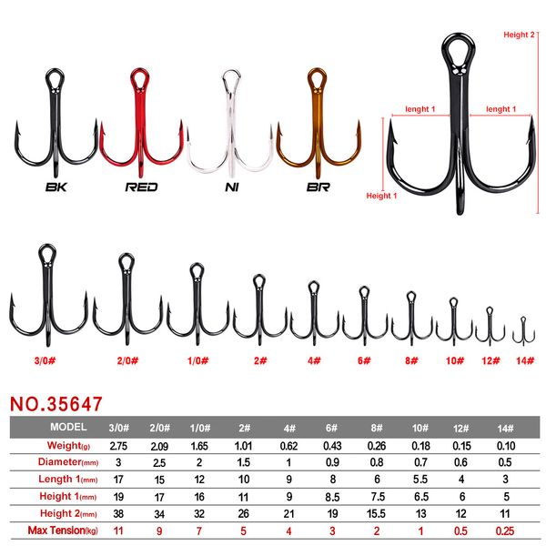 

50pcs/lot fishing hooks white nickel black color brown color fishhook high carbon steel treble hook