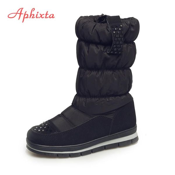 

aphixta winter snow boots long women boots plush warm shoes sequins crystal plus big 41 easy wear lady zip shoes woman, Black