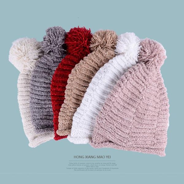 

winter warm chenille pompom hats girls boys fashion ski beanies cap women wool knitted skullies caps kids thick pom pom hat, Blue;gray