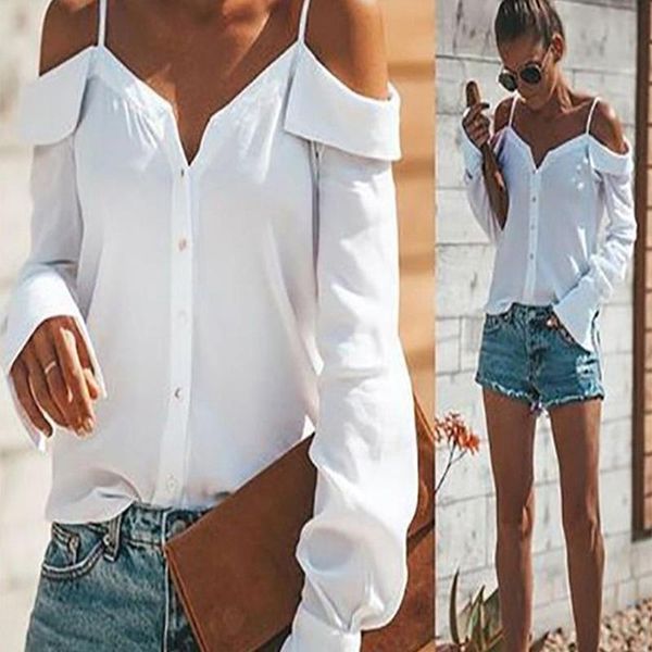 

autumn fashion off shoulders strap shirt v neck long sleeve women blouses casual slash neck solid pullover female, White