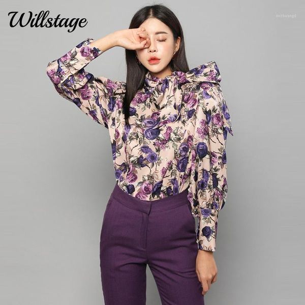 

willstage elegant bow ribbons blouses women ruffles flower floral shirts office ladies wear halter work 2020 spring1, White