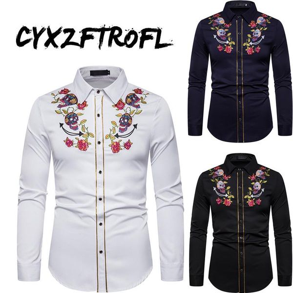 

cyxzftrofl 2020 mens western cowboy skull and flower embroidery shirt slim fit casual long sleeve button down party shirt men, White;black
