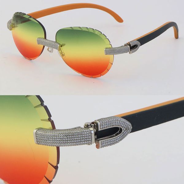 Neues Modell, mit Mikropavé, Diamantbesatz, Damen- und Herren-Sonnenbrille, innen orange, schwarzes Holz, randlose Sonnenbrille, männlicher und weiblicher Rahmen mit übergroßen runden Gläsern, 18 Karat Gold