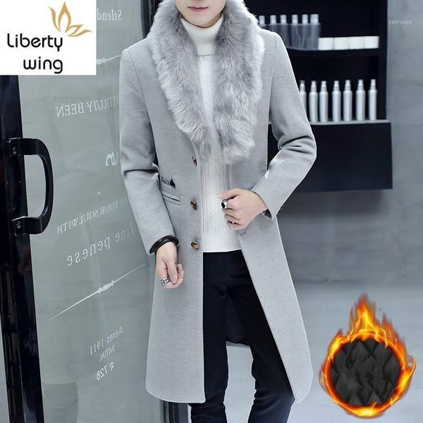 

winter warm cotton liner mens medium length woolen trench coats faux fur collar single breasted slim male overcoats plus size1, Tan;black