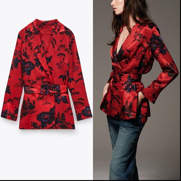 

2021 za vintage floral print belt blouse women long sleeve wrap elegant office shirt female fashion front button flower top, White