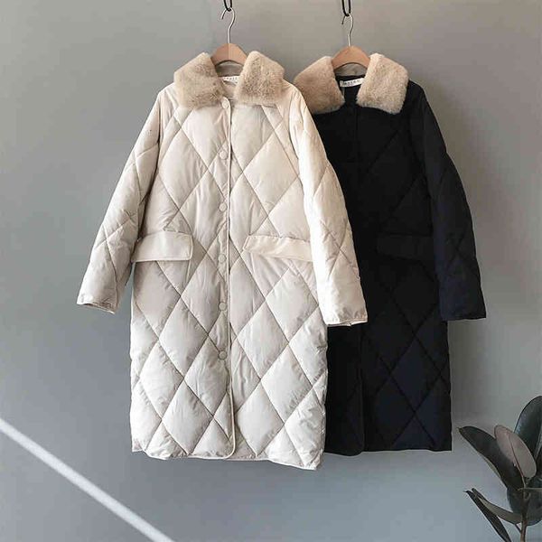 

women's wool & blends the new winter korean version of long rhomboid cotton-padded coat for women with woolen collar loose parkas, Black