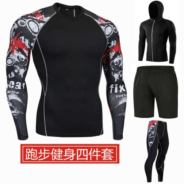 

training new sportswear basketball men's running 234 piece quick drying elastic tight gym suit, Black;gray