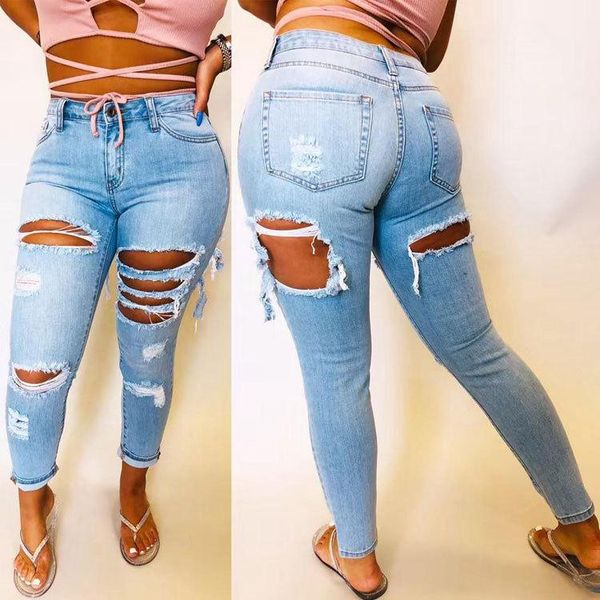 

2020 new selling big size perforated denim tights women, Black;white