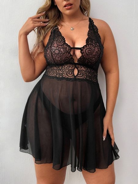 

plus contrast lace mesh dress with thong 17xh#, Black;white