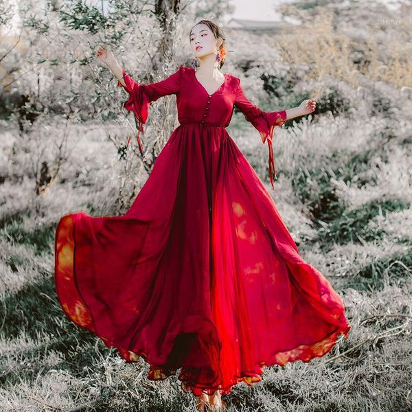 

retro princess style flare sleeve woman chiffon long dress red1, Black;gray