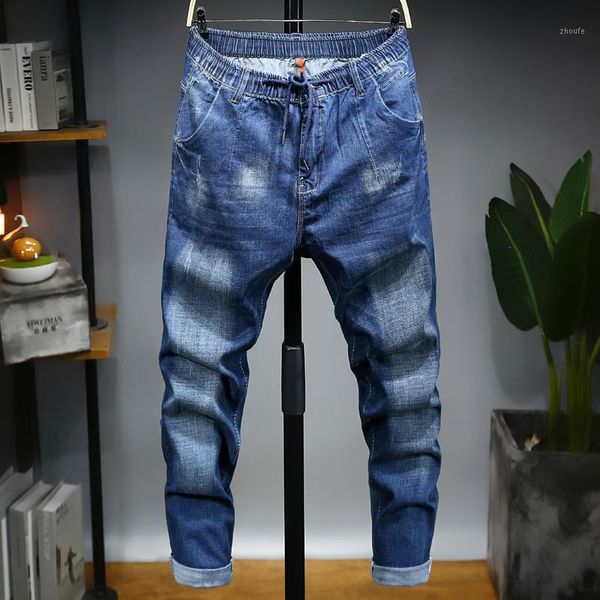 

jeans men ankle-length elastic waist drawstring straight denim loose plus size spring autumn trousers cowboy male1, Blue