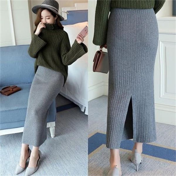 

hight quality autumn winter woolen skirts slim belt office long midi skirt step pencil skirt knitted wool skirt t774, Black