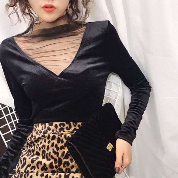 

ropalia fashion women spring autumn long sleeve t shirt women korean mesh stitching velvet t-shirt casual solid color 1, White