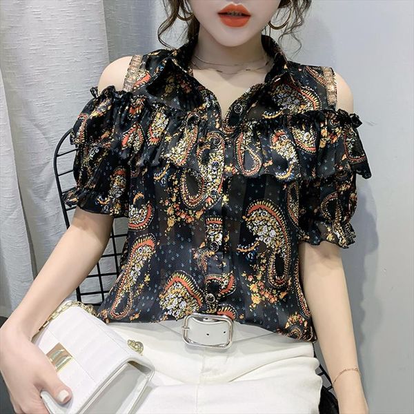 

summer shoulder off blouse european clothes fashion women diamonds chiffon shirt short sleeve ropa mujer 2020 t04606, White