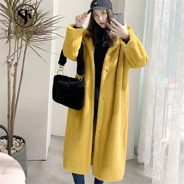 

2019 winter women faux fur coat luxury long fur coat loose hooded overcoat thick warm plush coats female1, Black