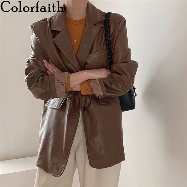 

colorfaith new autumn winter women's leather jackets pockets outerwear fashionable faux leather oversize lady jk0799 201030, Black