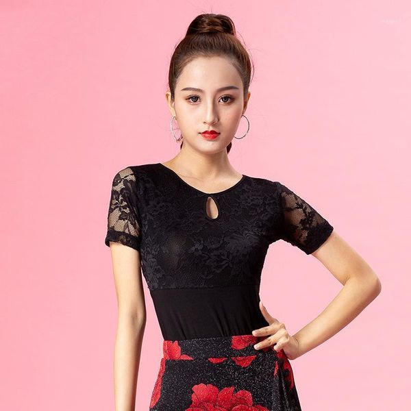 

2019 women's ballroom latin dance ice silk lace short sleeve for cha cha samba rumba training dancing clothes dl36191, Black;red