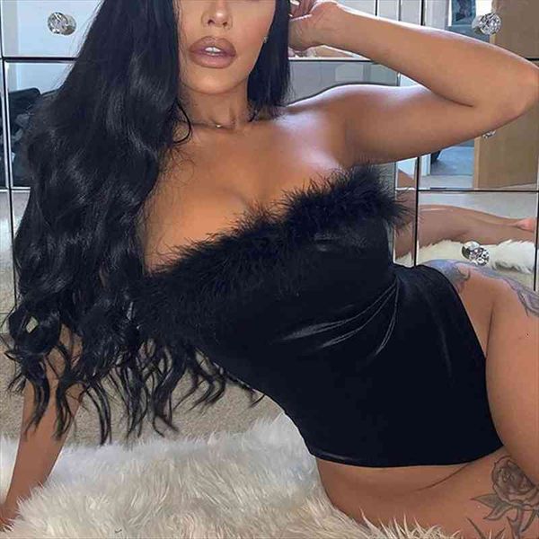 

women off-shoulder fur feather rompers femme party clubwear overalls strapless jumpsuit autumn nightout outfits, Black;white