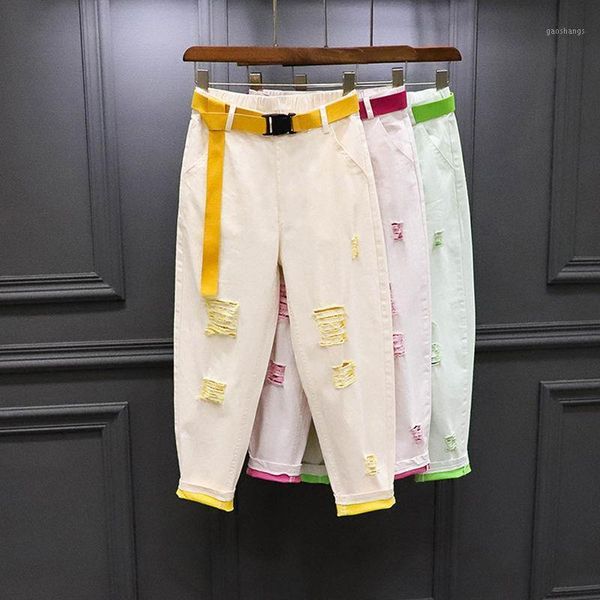 

with belt new candy colors summer womens denim jeans ripped holes streetwear jeans feminino harem pants denim trousers nz771, Blue