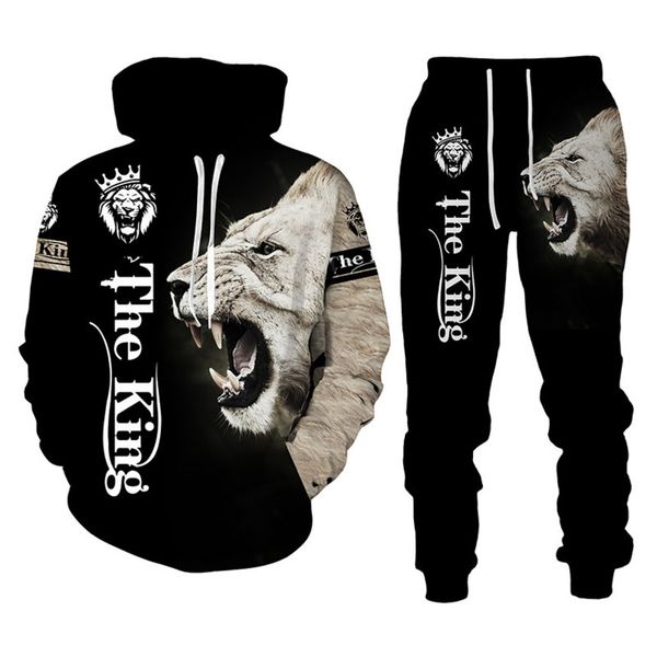 

men's lion king sportswear, 3d printed hoodie long sved suit, autumn and winter, novelty, Gray