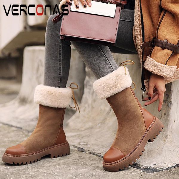 

verconas autumn winter warm snow boots mid-calf boots for women casual cross-tied shoes woman new genuine leather platform, Black