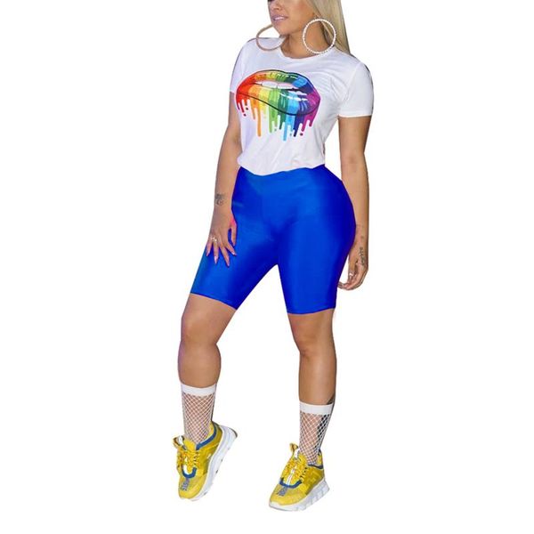 

women summer lips print ruinng clothes sets short sleeve t-shirt +shorts casual suit sports tracksuit women's outfit sets, Black;blue