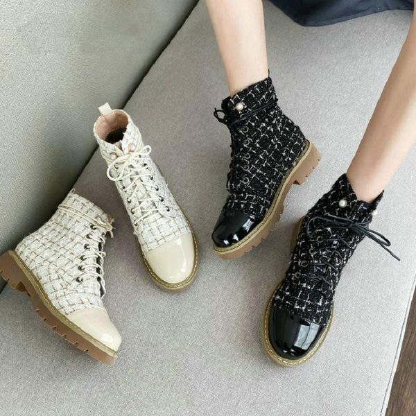 

2020 winter autumn tweed plaid checked woman boots lace-up platform punk womens ankle boots shoes big size 10 43, Black