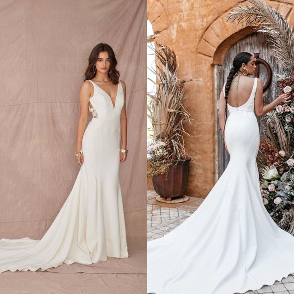 

2021 simple satin mermaid wedding dresses spaghetti straps backless bridal gowns boho beach garden sweep train robes de mariÃ©e al7488, White