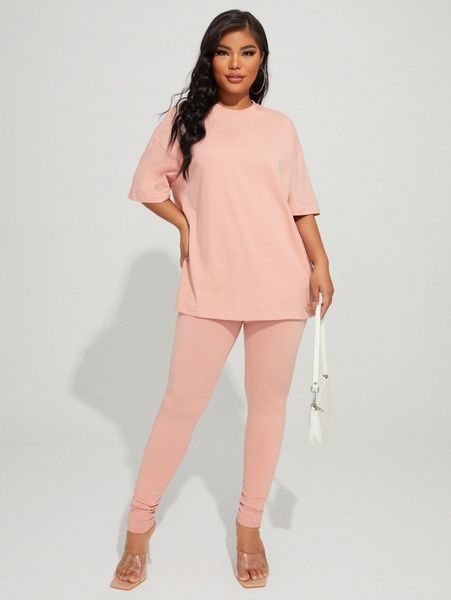 

solid drop shoulder tee & leggings n4ew#, White