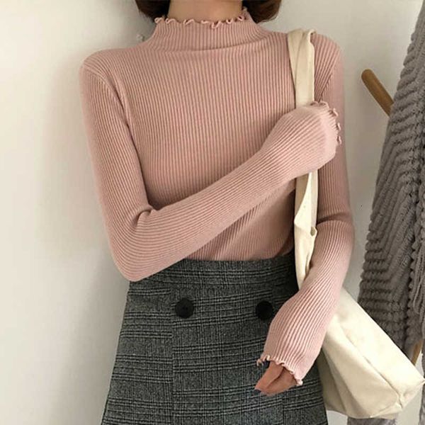 

autumn winter new 2020 solid color heing with wood ears women's slim and thin semi-high neck bottoming sweater, White;black