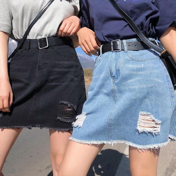 

women summer cool girls high school casual skirts empire a line new skirt blue do old hole denim fashion waist mini, Black