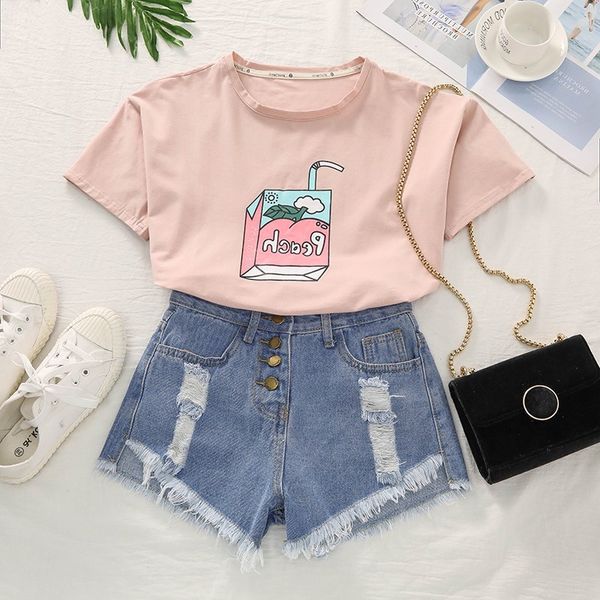 

2021 new kawaii handsome peach milk women's summer clothes sweet print from miss cotton comfortable femme redmond shirt udnl, White